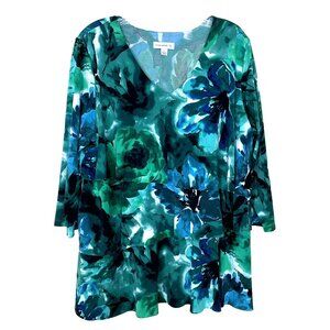 Susan Graver Womens L Tunic Top Floral Ruffle Tiered Blue Green Stretch V Neck